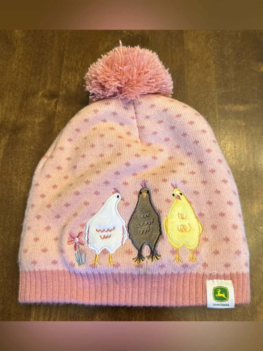 John Deere Toddler Girl Hat Beanie Farm Chicks Pom Pom Cute Fall Winter